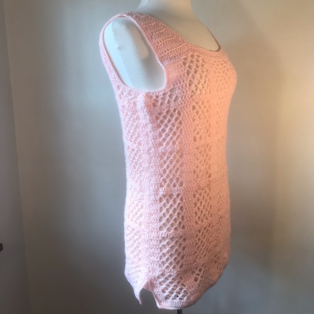 Vintage Pink Crocheted Sweater, Sweater Vest, Mini Dress, Grannycore Cottagecore - Picture 8 of 13